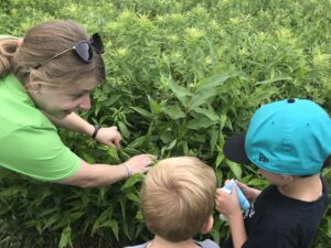 Woman teaching two children about local plants